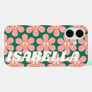 Coque Pour iPhone 16 Fleur de Paix Rétro Hippie Vert Nom personnalisé