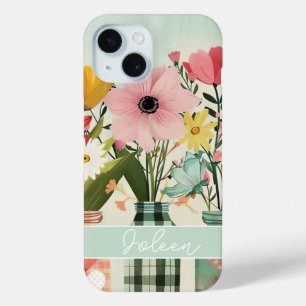 Coque Pour iPhone 15 Fleur de printemps dans Mason Jar Design avec nom