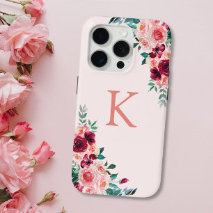 Coque iPhone 15 Pro Fleur de rose burgundy rose en aquarelle monogramm