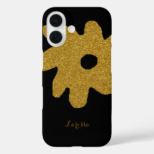 Coques iPhone 16 fleur d'or graphique sur noir