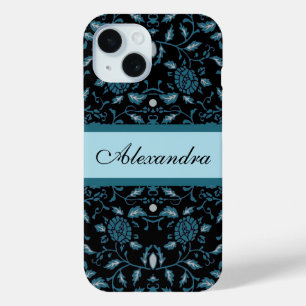 Coque Pour iPhone 15 Fleur élégante Noir et Turquoise Damas