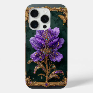 Coque iPhone 15 Pro Fleur élégante violette incrustée de bijoux