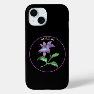 Coque Pour iPhone 15 Fleur Iridescente, Cercle pourpre sur Noir, Nom