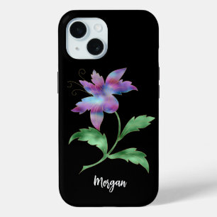 Coque Pour iPhone 15 Fleur iridescente sur fond noir, nom en écriture
