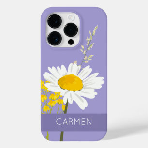 Coque Pour iPhone 14 Pro Fleur marguerite blanche Nom personnalisé