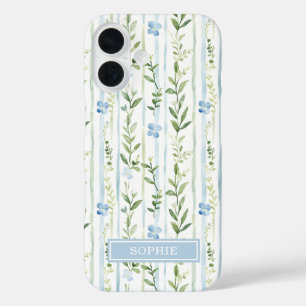Coque Pour iPhone 16 Fleur personnalisée rayée bleue