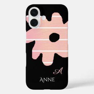 Coques iPhone 16 fleur rose rayée avec nom et initiale
