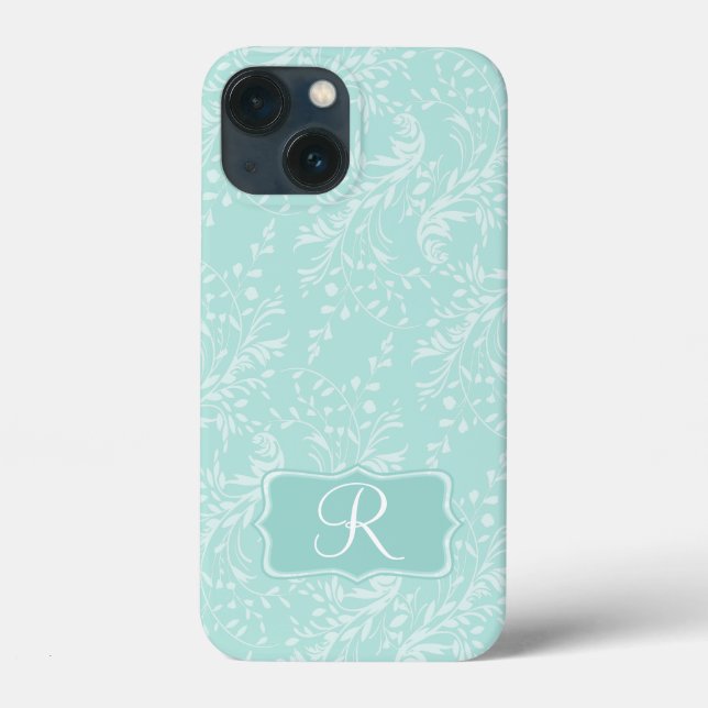 Coques Case-Mate iPhone Fleur sauvage damask aqua turquoise monogramme (Verso)