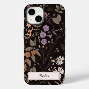 Coque Pour iPhone 14 Fleur sauvage Floral Noir Personnalisé I téléphone