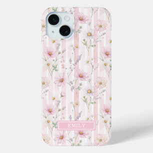 Coque iPhone 15 Mini Fleur Sauvage Rose Foncé Monogrammée