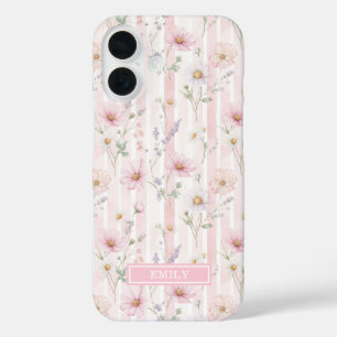 Coque Pour iPhone 16 Fleur Sauvage Rose Monogrammée Rayée