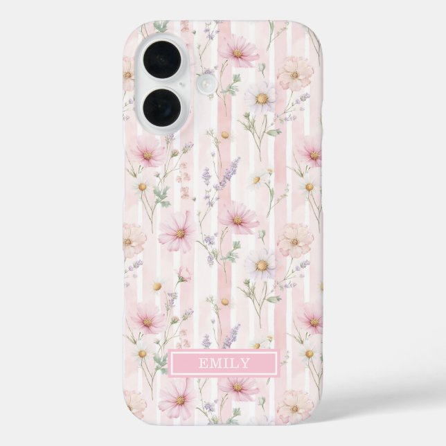Coques Case-Mate iPhone Fleur Sauvage Rose Monogrammée Rayée (Verso)