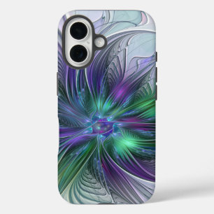 Coque Pour iPhone 16 Fleur vert violet Art Abstrait moderne Fractal
