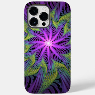 Coque Pour Pour iPhone 14 Pro Max Fleur verte violette Art fractal abstrait moderne