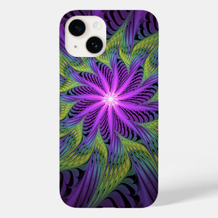 Coque Pour iPhone 14 Fleur verte violette Art fractal abstrait moderne