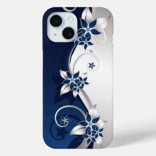Coque Pour iPhone 15 Fleurs 3D bleu et blanc