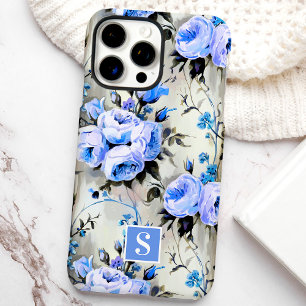 Coques iPhone 16 Pro Max Fleurs à monogramme bleu et pérvinca