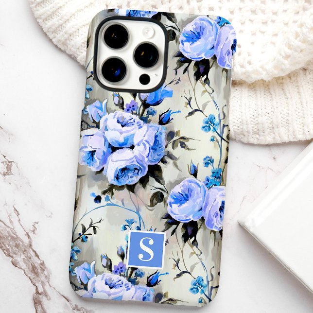 Coques Case-Mate iPhone Fleurs à monogramme bleu et pérvinca (Créateur téléchargé)