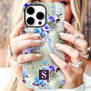 Coques iPhone 16 Pro Max Fleurs à monogramme bleu et violet 