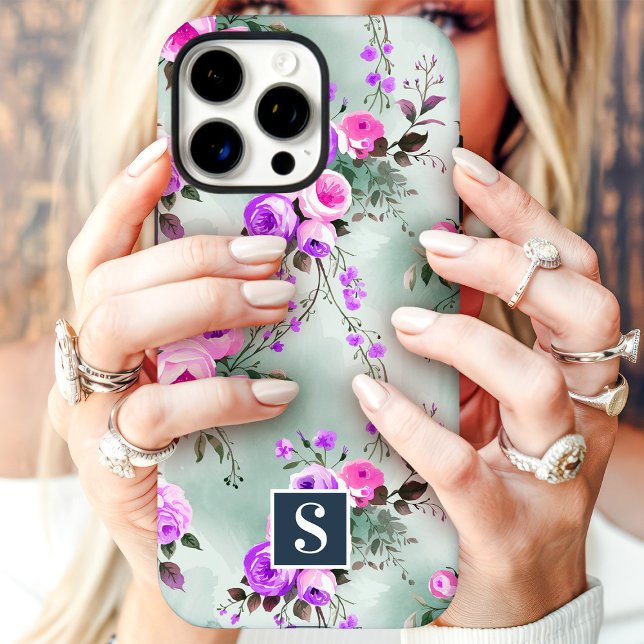 Coques Case-Mate iPhone Fleurs à monogramme rose et violet (Créateur téléchargé)