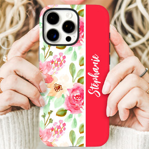 Coques iPhone 16 Pro Fleurs aquarelles roses nom personnalisé