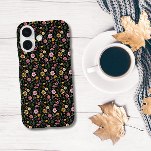 Coque Pour iPhone 16 Fleurs aquarelles tendance noir rose jaune vert