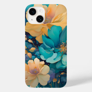 Coque Pour iPhone 14 Fleurs aquarelles turquoise or violet marine