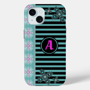 Coque Pour iPhone 15 Fleurs Artdeco en style rétro avec monogramme