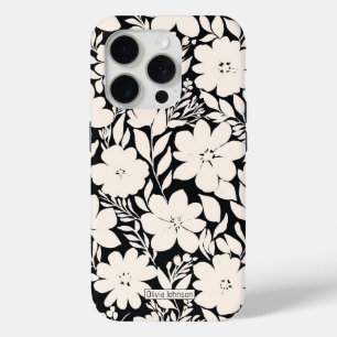 Coque iPhone 15 Pro Fleurs beiges modernes Botanique noire