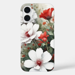 Coque Pour iPhone 16 Fleurs blanches et rouges Elégante aquarelle