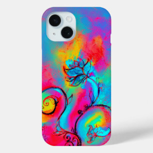 Coque Pour iPhone 15 FLEURS BLANCHES, FLEUVES Florales Bleues Jaunes Ro