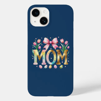 Coque Pour iPhone 14 Fleurs Bleu Marine Typography MOM avec Tulipes