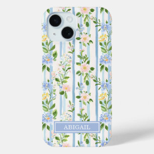 Coque Pour iPhone 15 Fleurs bleues en aquarelle et rayures personnalisé