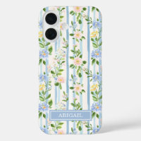 Fleurs bleues en aquarelle rayées personnalisées a