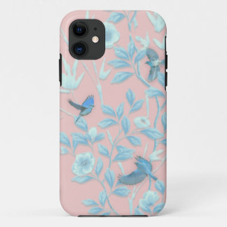 Case-Mate iPhone Case fleurs bleues et oiseau, couleur rose clair Arrièr