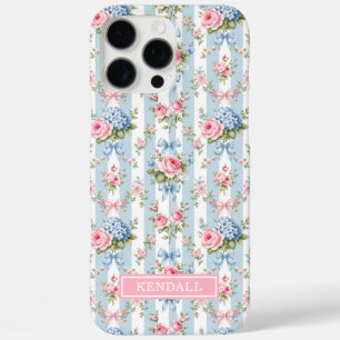 Coques iPhone 16 Pro Max Fleurs bleues et roses et rubans rayés