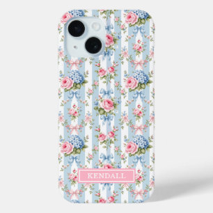 Coque Pour iPhone 15 Fleurs bleues et roses et rubans rayés