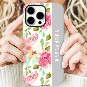 Coques iPhone 16 Pro Max Fleurs botaniques aquarelle rose Nom personnalisé