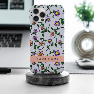 Coque iPhone 15 Pro Max Fleurs colorées, Arrière - plan bleu, Orange
