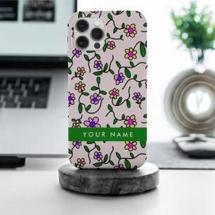 Coque iPhone 15 Pro Max Fleurs colorées, Arrière - plan rose, Vert