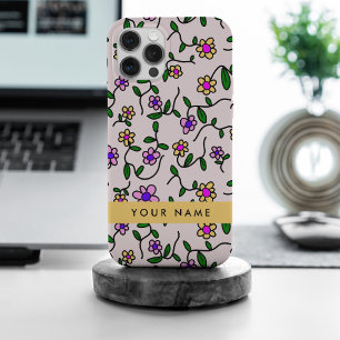 Coque iPhone 15 Pro Max Fleurs Colorées, Fond Rose, Jaune