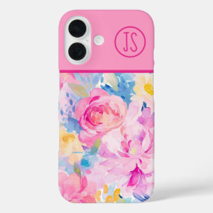 Coque Pour iPhone 16 Fleurs d'aquarelle rose et bleu Monogramme