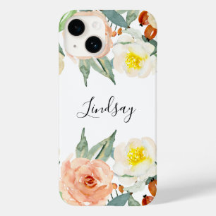 Coque Pour iPhone 14 Fleurs D'Aquarelle Rose Peach Avec Nom