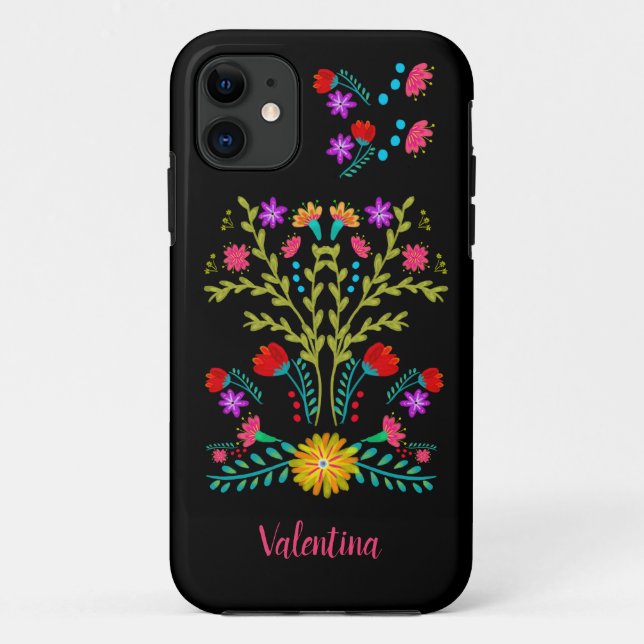 Coques Case-Mate iPhone Fleurs d'art folklorique mexicaine Fiesta Noir Per (Dos)