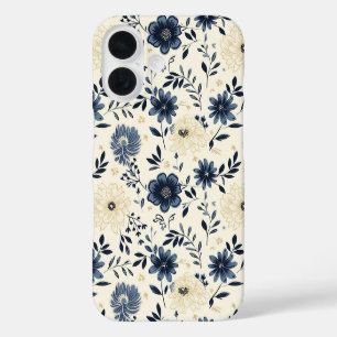 Coque Pour iPhone 16 Fleurs d'art populaire vintage bleu marine beige