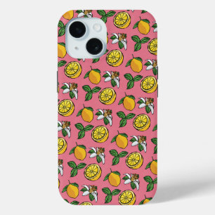 Coque Pour iPhone 15 Fleurs de citron rose et jaune vif et Feuilles