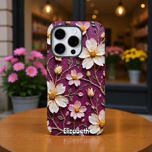 Coques iPhone 16 Pro Fleurs de crème élégantes sur le violet texturé