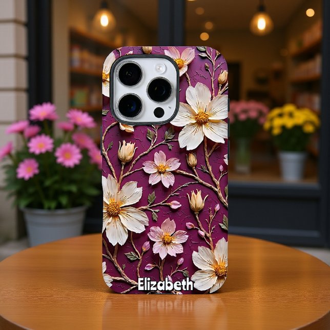 Coques Case-Mate iPhone Fleurs de crème élégantes sur le violet texturé (Créateur téléchargé)