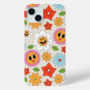 Coque iPhone 15 Mini Fleurs de dessin animé rétro ludiques et joyeuses
