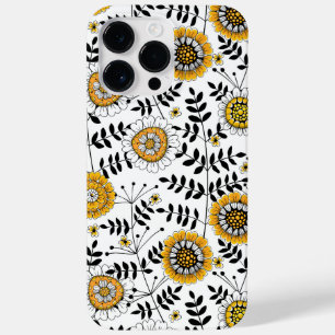 Coque Pour Pour iPhone 14 Pro Max Fleurs de gribouillis et feuilles en jaune et noir